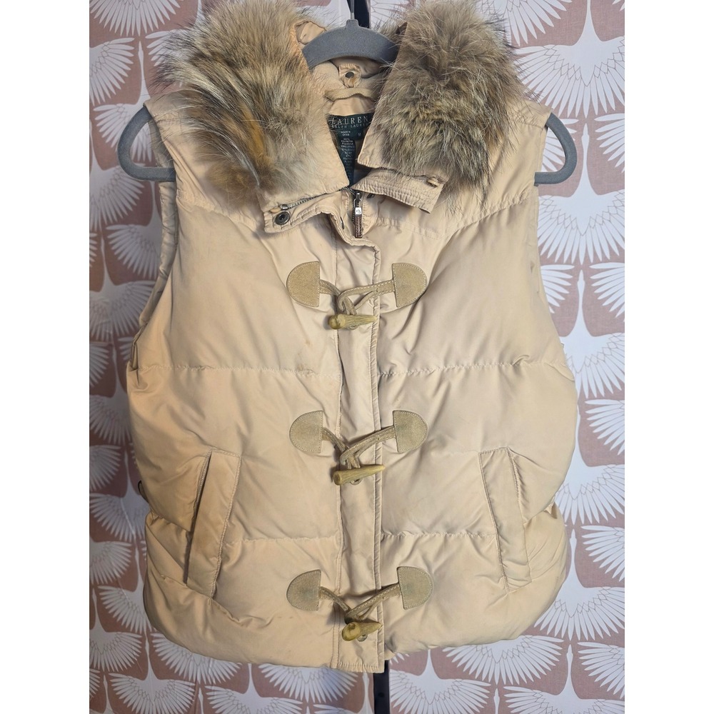 Lauren Ralph Lauren Tan Puffer Vest Coyote Fur Trim Toggle Front Beige Womens M